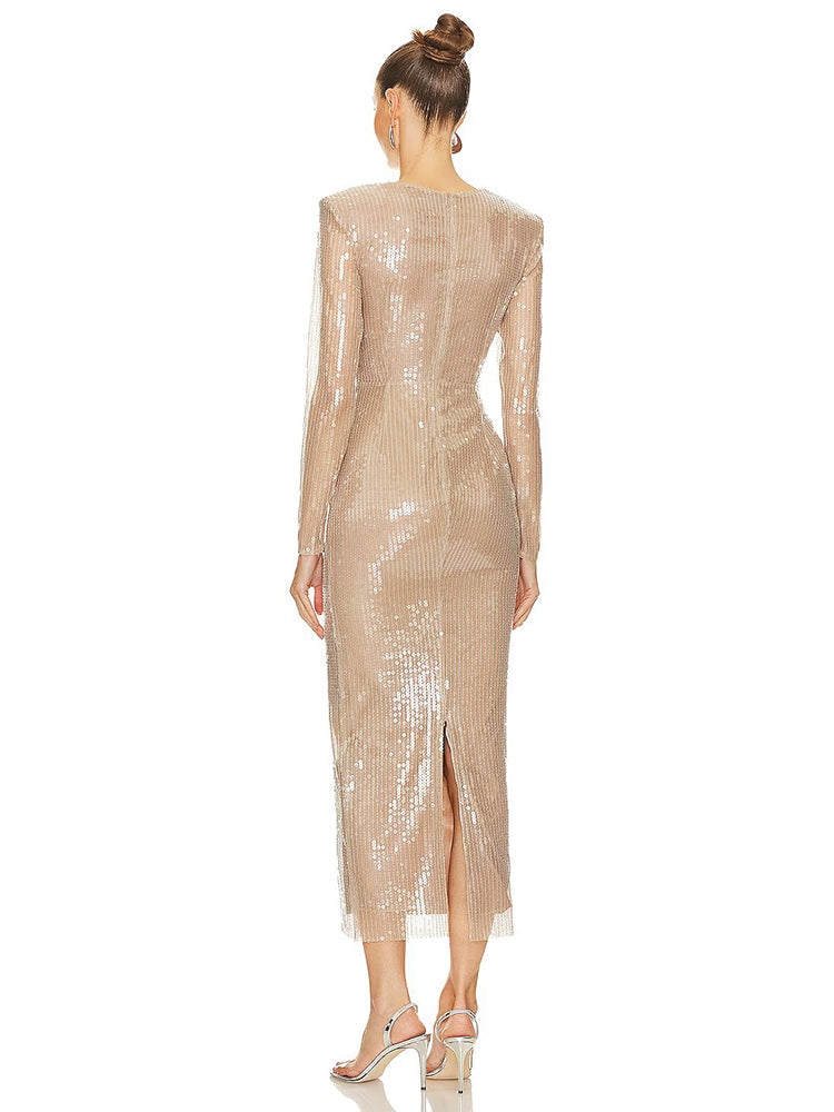 YNEZ APRICOT SEQUINS LONG DRESS