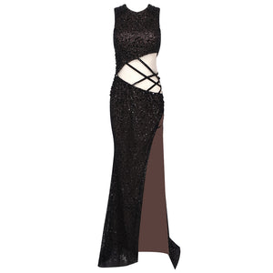 TAMIFAN BLACK SEQUINS PEARL MAXI DRESS