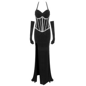 TPOMI BLACK VELVET MAXI DRESS WITH GLOVES