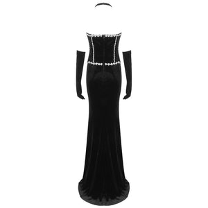 TPOMI BLACK VELVET MAXI DRESS WITH GLOVES