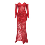 Carregar imagem no visualizador da galeria, UEMO RED LACE MAXI DRESS WITH GLOVES
