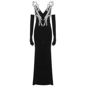 UTIMI BLACK VELVET MAXI DRESS WITH GLOVES