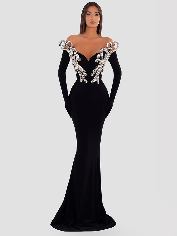 UTIMI BLACK VELVET MAXI DRESS WITH GLOVES