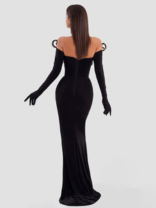 UTIMI BLACK VELVET MAXI DRESS WITH GLOVES