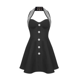 IREN BLACK HALTER CRYSTAL A-LINE DRESS