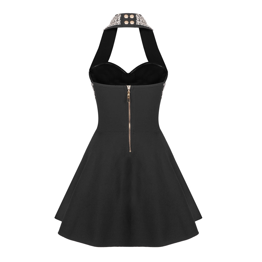 IREN BLACK HALTER CRYSTAL A-LINE DRESS