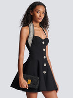 Load image into Gallery viewer, IREN BLACK HALTER CRYSTAL A-LINE DRESS
