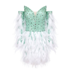 PACY SEQUINS FEATHER MINI DRESS WITH GLOVE