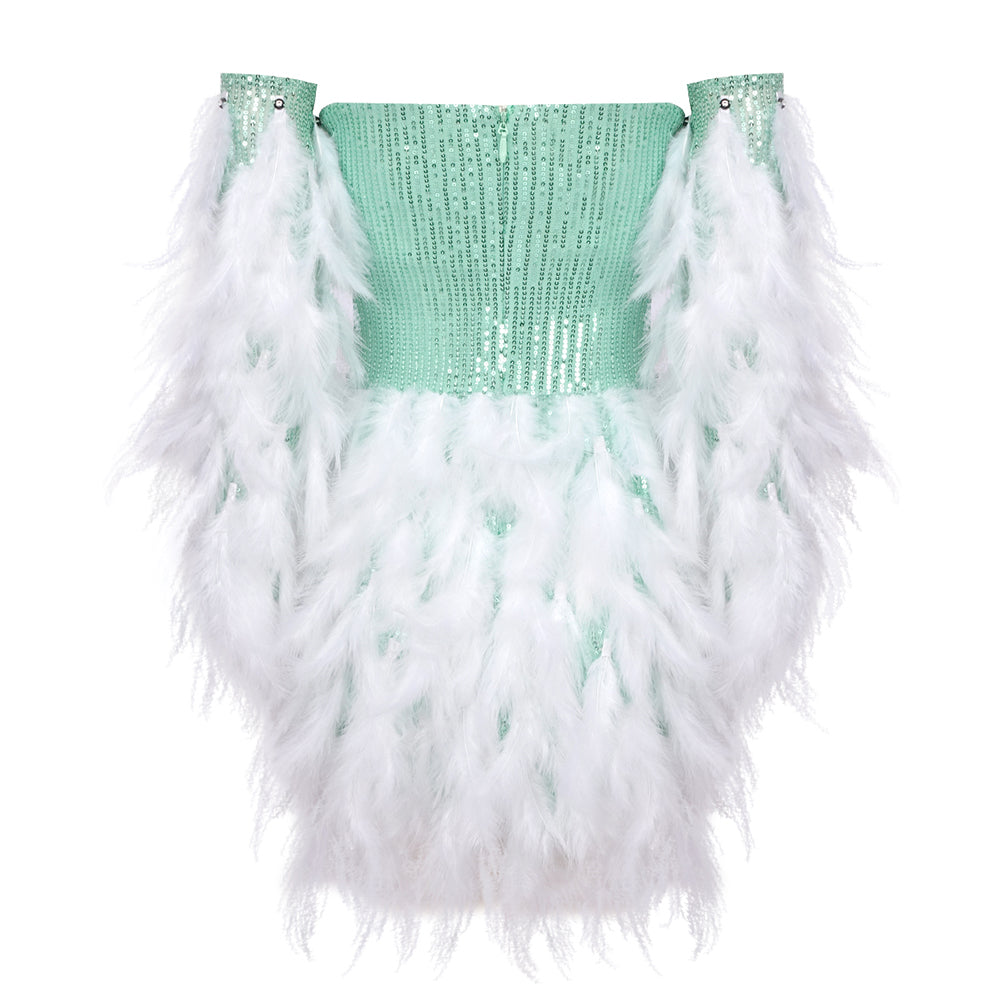 PACY SEQUINS FEATHER MINI DRESS WITH GLOVE