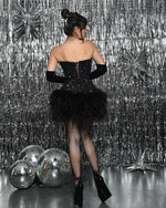 Cargar imagen en el visor de la galería, PUGH BLACK SEQUINS FEATHER MINI DRESS WITH GLOVE
