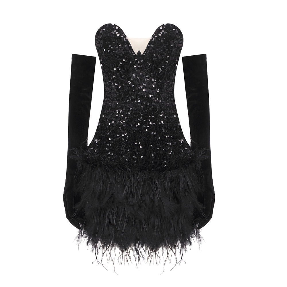 PUGH BLACK SEQUINS FEATHER MINI DRESS WITH GLOVE