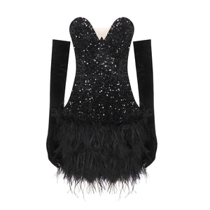 PUGH BLACK SEQUINS FEATHER MINI DRESS WITH GLOVE