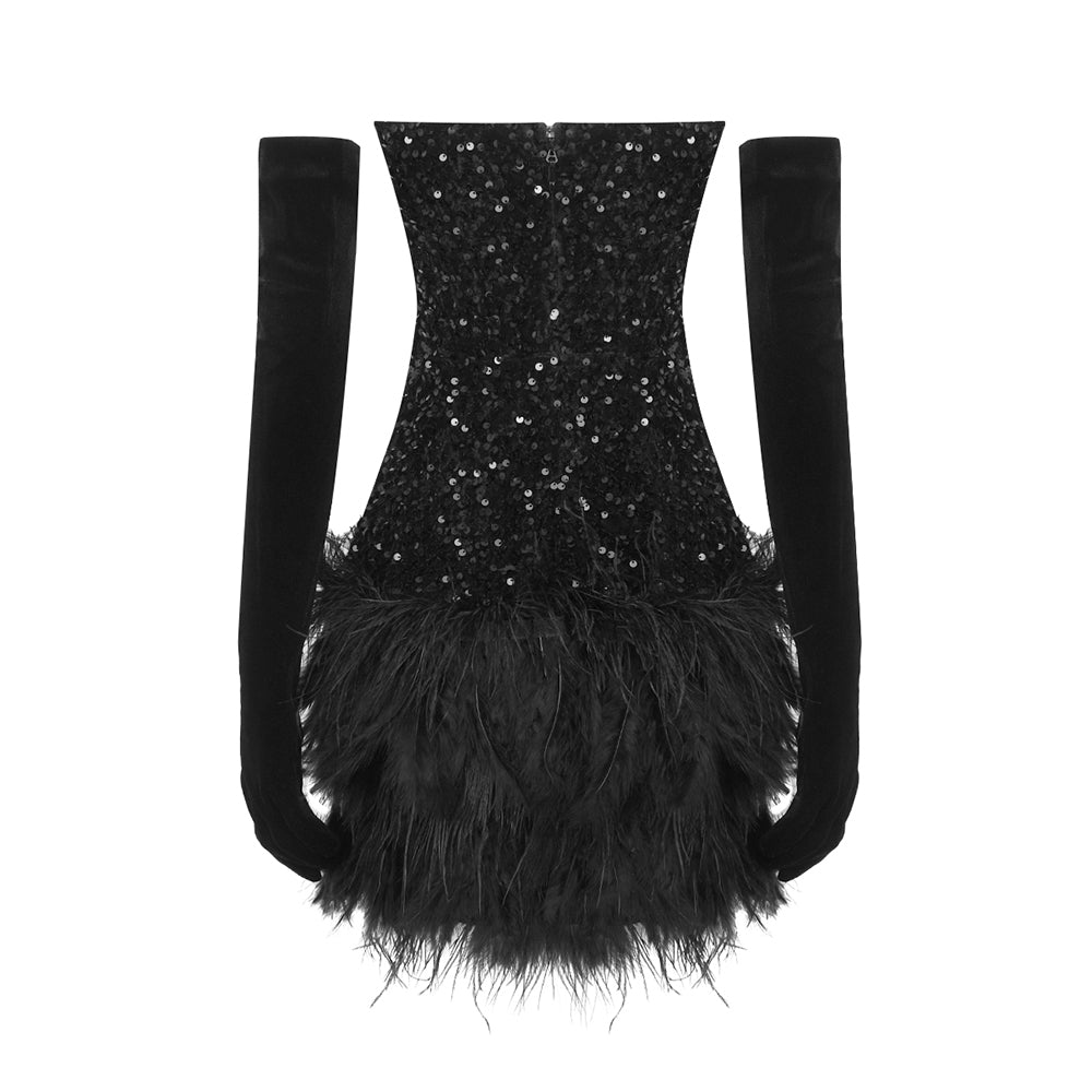 PUGH BLACK SEQUINS FEATHER MINI DRESS WITH GLOVE