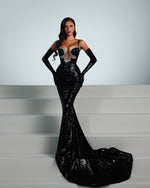 Cargar imagen en el visor de la galería, PADGETT BLACK SEQUINS MAXI DRESS WITH GLOVE
