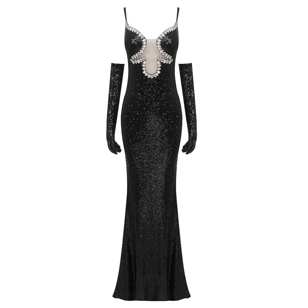 PADGETT BLACK SEQUINS MAXI DRESS WITH GLOVE