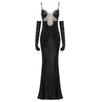 Cargar imagen en el visor de la galería, PADGETT BLACK SEQUINS MAXI DRESS WITH GLOVE
