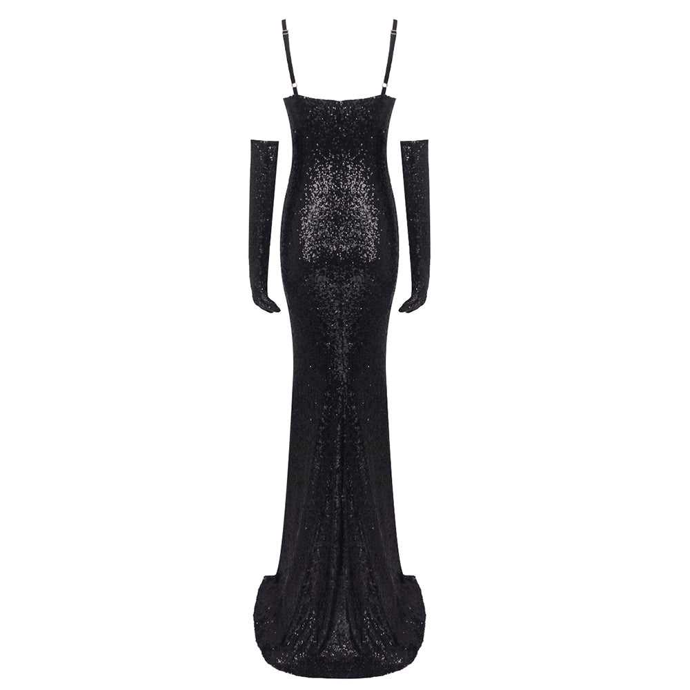 PADGETT BLACK SEQUINS MAXI DRESS WITH GLOVE