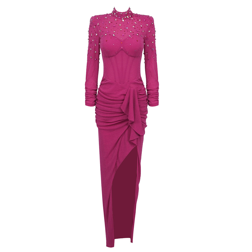 POLL HOT PINK LONG DRESS WITH CRYSTAL