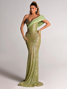 INVONE CHARTREUSE SEQUINS MAXI DRESS WITH GLOVES