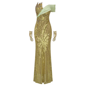 INVONE CHARTREUSE SEQUINS MAXI DRESS WITH GLOVES