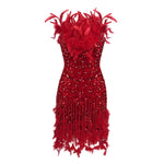 Загрузить изображение в средство просмотра галереи, ITNAN RED SEQUINS FEATHER MINI DRESS
