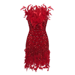 ITNAN RED SEQUINS FEATHER MINI DRESS