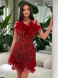 ITNAN RED SEQUINS FEATHER MINI DRESS