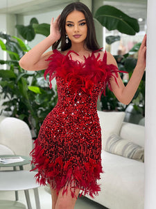 ITNAN RED SEQUINS FEATHER MINI DRESS