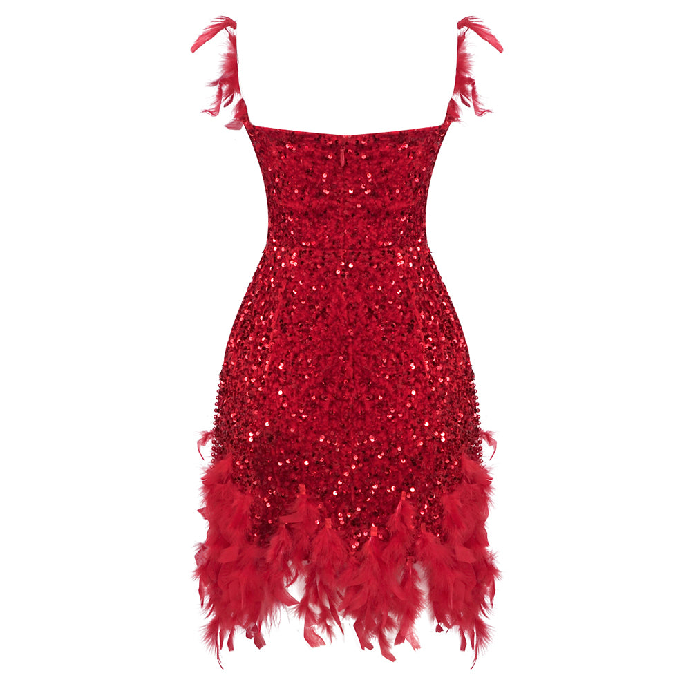 ITNAN RED SEQUINS FEATHER MINI DRESS