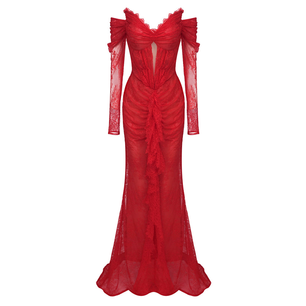 IERAOLA RED LACE MAXI GOWN