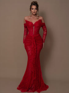 IERAOLA RED LACE MAXI GOWN