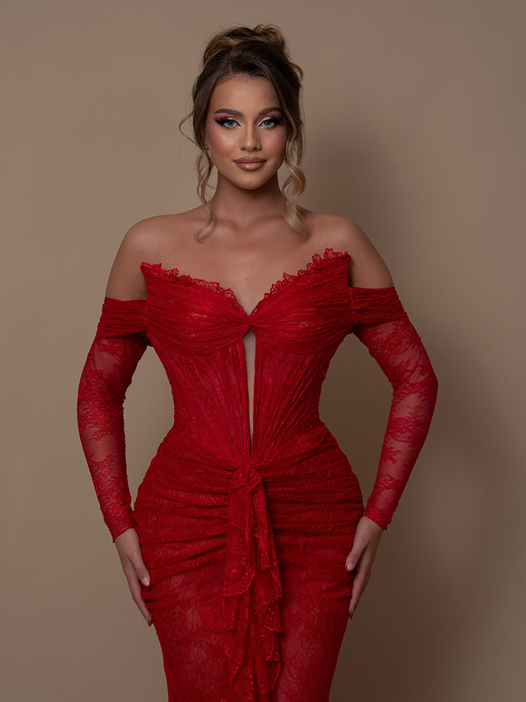 IERAOLA RED LACE MAXI GOWN