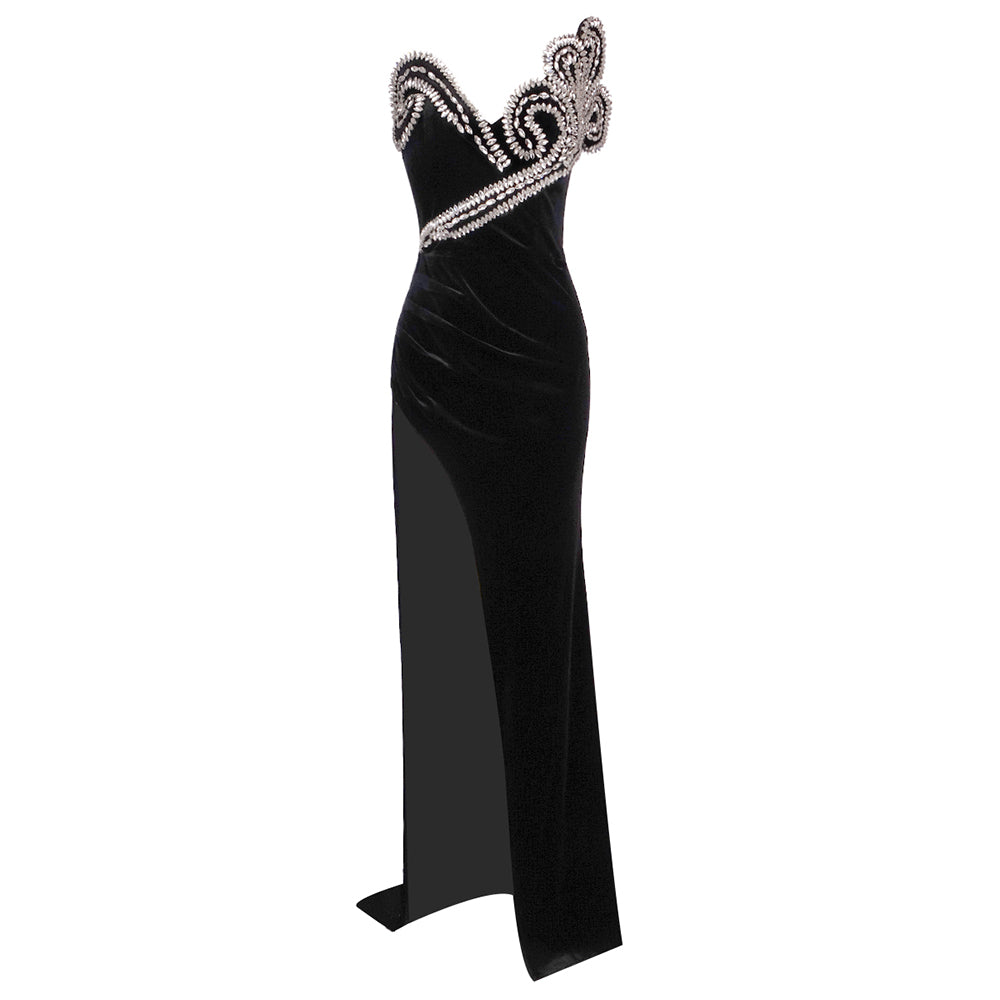 IZOLU BLACK VELVET MAXI GOWN WITH CRYSTAL