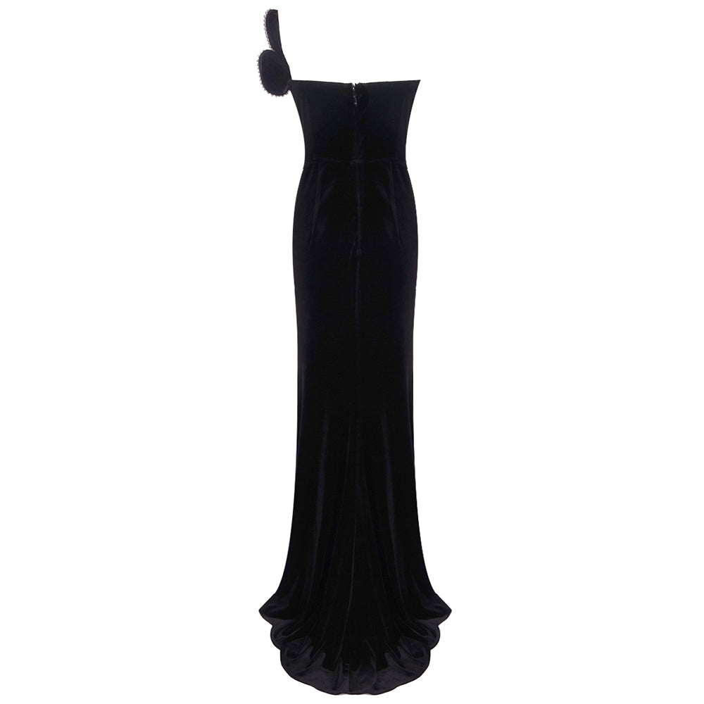 IZOLU BLACK VELVET MAXI GOWN WITH CRYSTAL