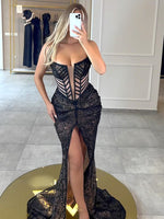 Load image into Gallery viewer, CAITY SEXY BLACK LACE  SLIT SLIM MESH MAXI DRESS
