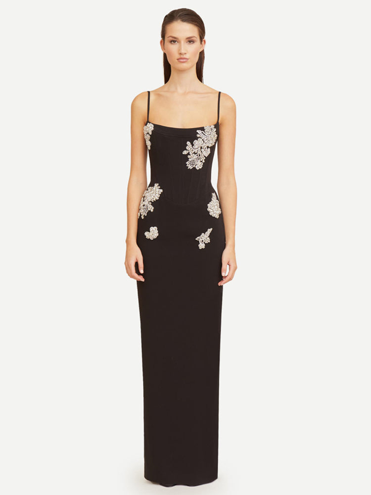 JESSLIC CRYSTAL BLACK SLIP MAXI DRESS