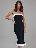 Load image into Gallery viewer, FWELOR RUFFLES BLACK STRAPLESS MIDI DRESS
