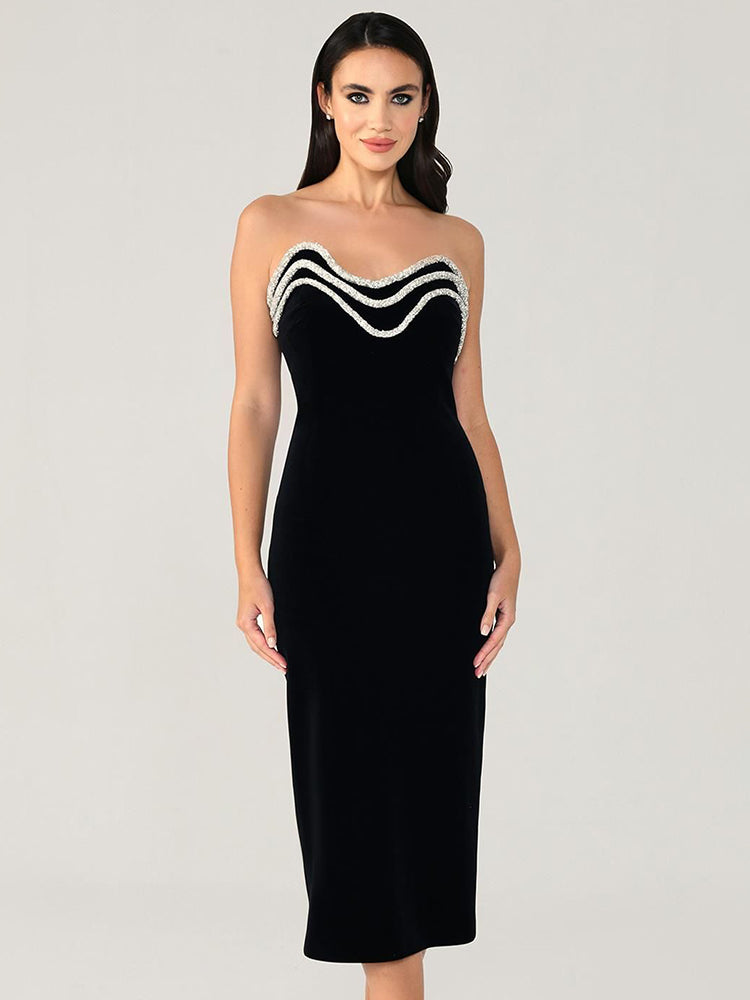 MICLI CRYSTAL STRAPLESS BLACK MIDI DRESS