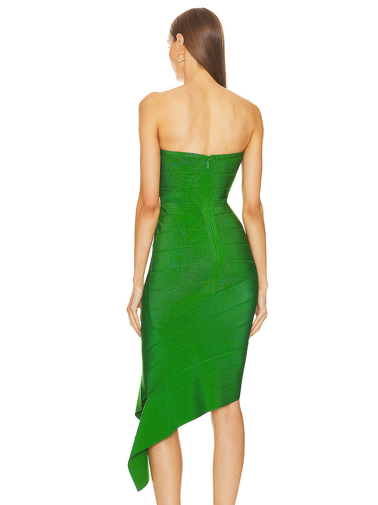 SIVEN RUCHED GREEN HIGH STRETCH MIDI DRESS