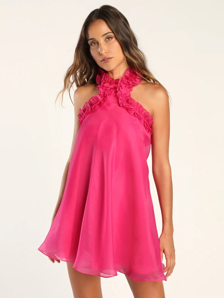 PREELR PINK HALTER FLORAL MINI DRESS