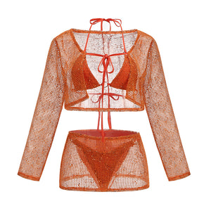 UQUEE ORANGE LACE SEXY BEACH THREE PIECES SET