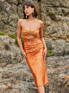 OLIVERIA STRAPLESS HOLLOW ORANGE MIDI DRESS