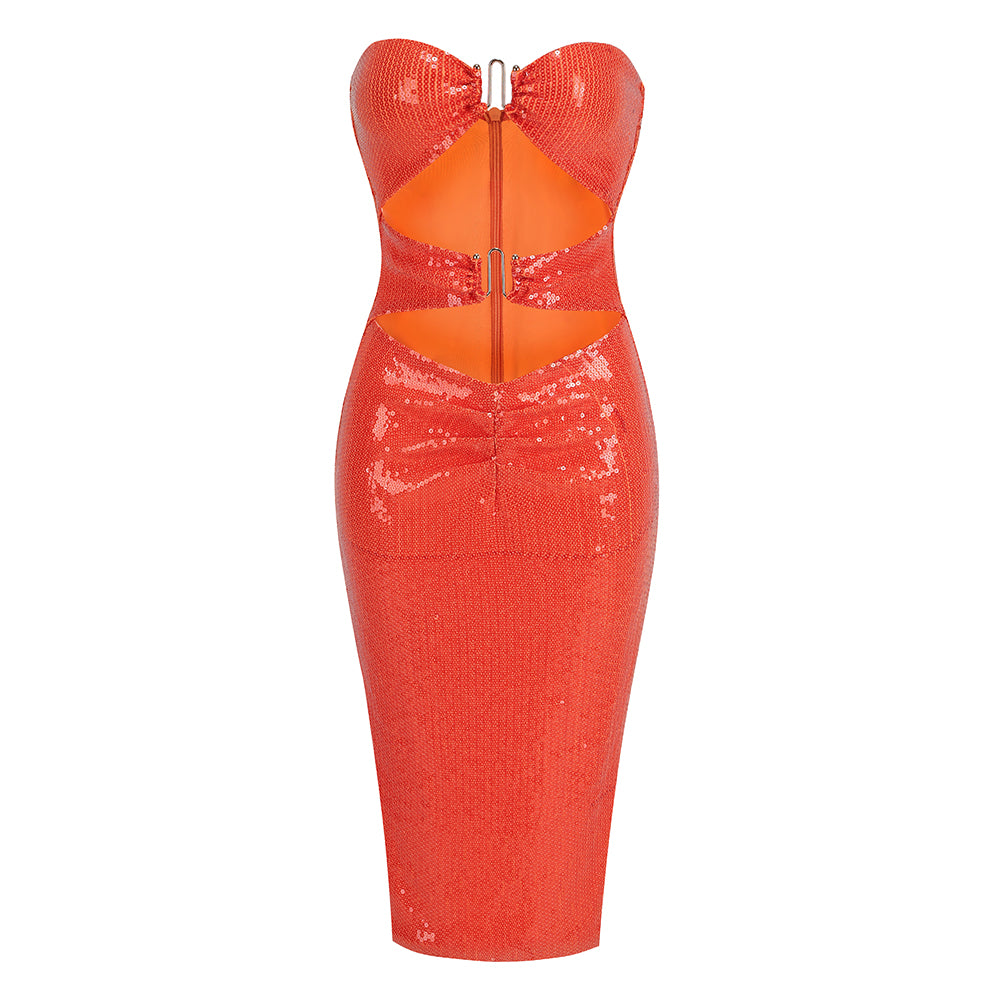 OLIVERIA STRAPLESS HOLLOW ORANGE MIDI DRESS