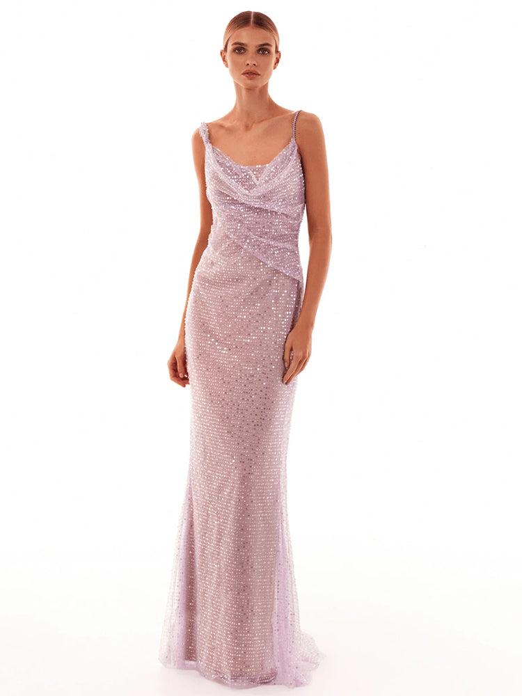 ARIARL RUCHED PURPLE SEQUINS MAXI DRESS