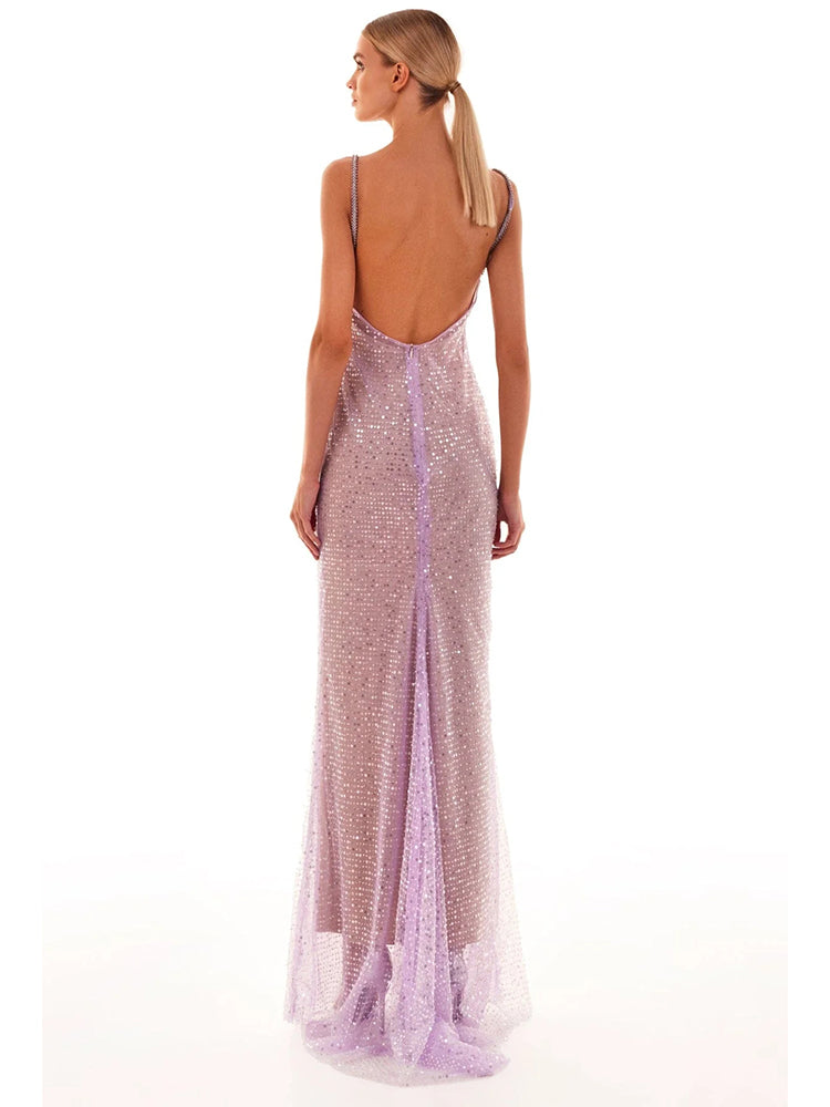 ARIARL RUCHED PURPLE SEQUINS MAXI DRESS