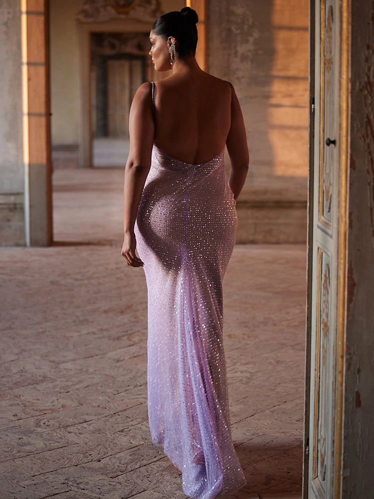 ARIARL RUCHED PURPLE SEQUINS MAXI DRESS