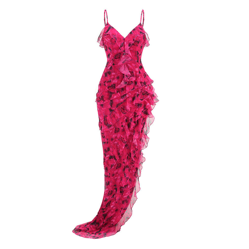 RTHISU HOT PINK PRINT HIGH SPLIT MAXI DRESS