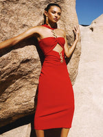 Load image into Gallery viewer, QING HOLLOW OUT RED HALTER MIDI DRESS
