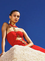 Load image into Gallery viewer, QING HOLLOW OUT RED HALTER MIDI DRESS
