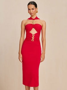 QING HOLLOW OUT RED HALTER MIDI DRESS